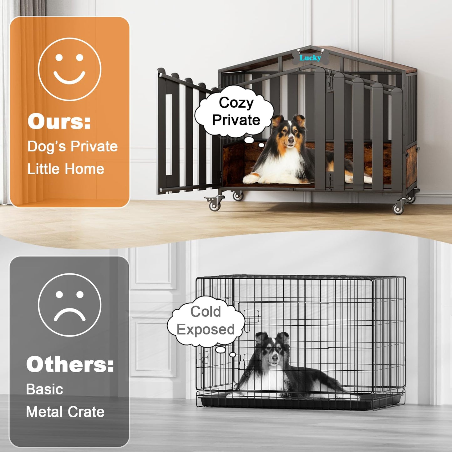 POAO 41"Heavy Duty Dog Crate Furniture for Medium Dogs(35-60lb), Dogs Kennel Indoor with 360° Wheels,Dog Cage with Feeding Window and Name Tag