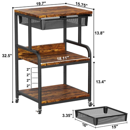 POAO Large Printer Stand with Storage Drawer,3-Tier Rolling Cart with Industrial Wheels for Desk,5 Adjustable Shelf Mobile Printer Table for Office