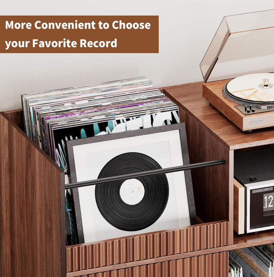 POAO 55" Record Player Stand with Power Outlets & LED Lights, Record Player Table Cabinet with Vinyl Record Storage for 500 Albums, Turntable Stand