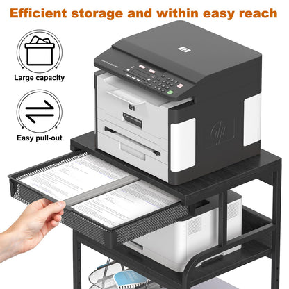 POAO Large Printer Stand with Drawer, 5-Adjustable Heights 3 Tier Table with Wheels, Rolling Printer Cart with Storage for Home Office