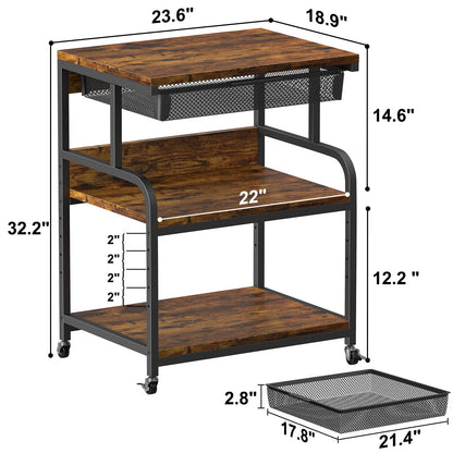 POAO Extra Large Printer Stand with Drawer, 5-Adjustable Heights 3 Tier Printer Table with Wheels, Rolling Printer Cart with Storage Shelf