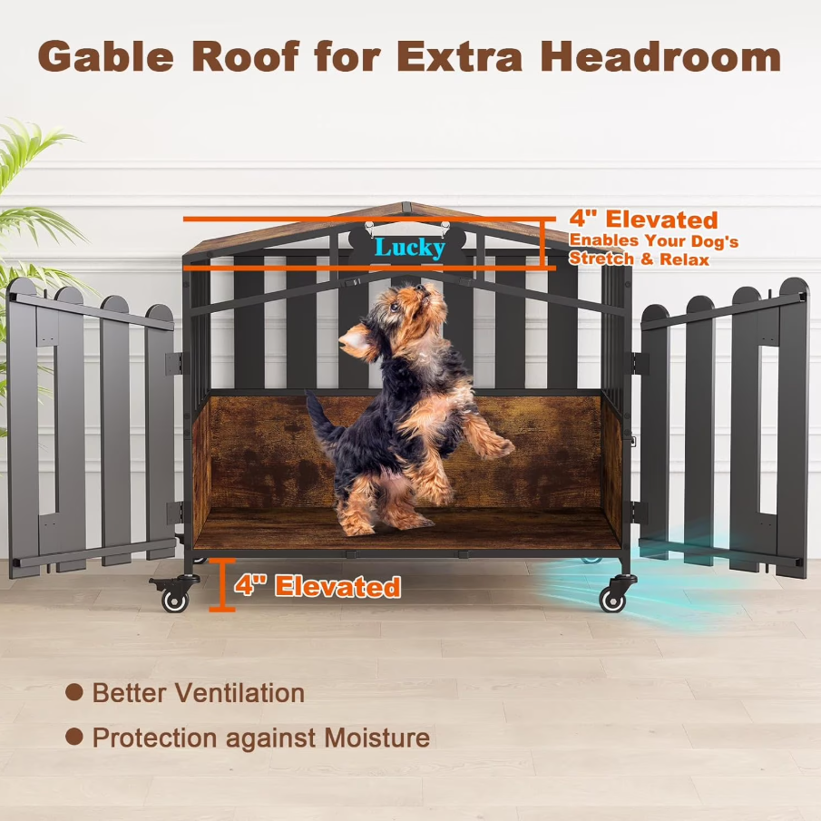 POAO 31"Heavy Duty Dog Crate Furniture with 360°Wheels,Dog Kennel Indoor for Small Dogs,Wooden Dog Cage with Feeding Window &Name Tag,Brown
