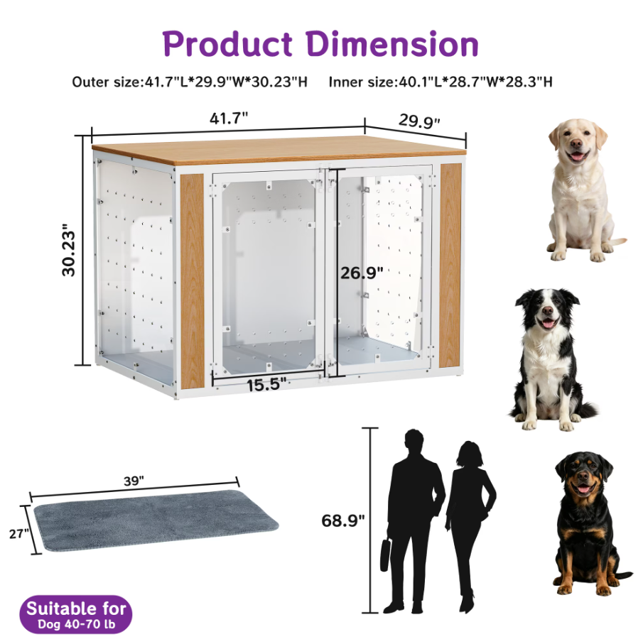 POAO 41''Dog Crate Furniture for Medium Large Dogs(40-70 lb), Decorative Dog Kennel with Acrylic Window Washable Mat, Escape-Proof Chew-Proof Anxiety Relief Dog Cage