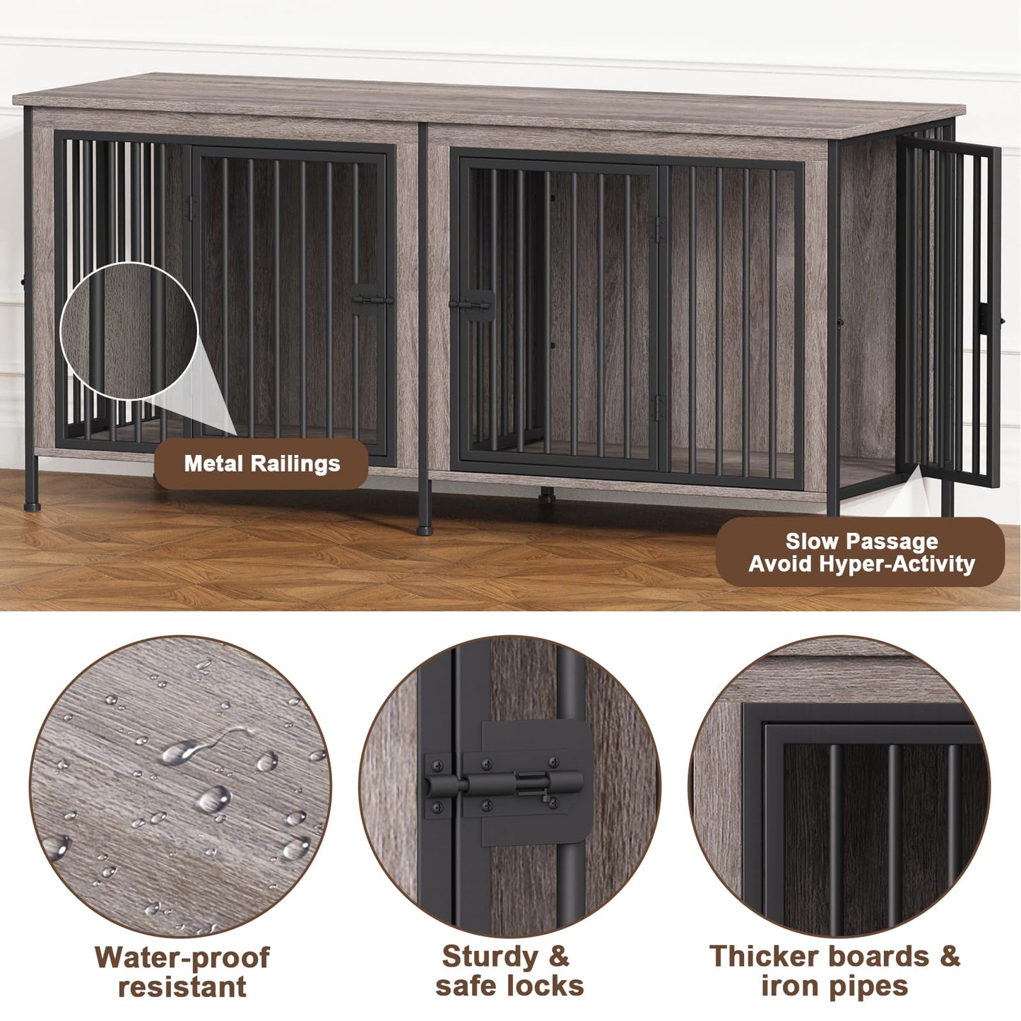 POAO 63" L Dog Crate Furniture for 2 Dogs,Heavy Duty Double Dog Crates for Small Dogs(20-35 Pounds),Dog Kennel Furniture Indoor as TV Stand,Gray