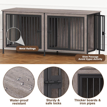 POAO 63" L Dog Crate Furniture for 2 Dogs,Heavy Duty Double Dog Crates for Small Dogs(20-35 Pounds),Dog Kennel Furniture Indoor as TV Stand,Gray