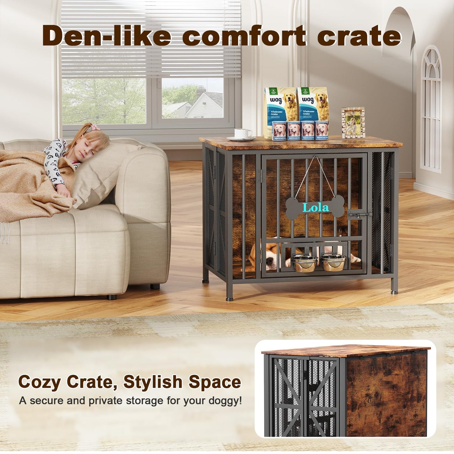 POAO 31.5" Assembly-Free Dog Crate Furniture for Small Dog, Foldable Dog Kennel Indoor with Tag & Adjustable Bowls, Dog Cage Use as End Table, Brown