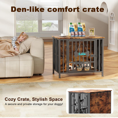 POAO 31.5" Assembly-Free Dog Crate Furniture for Small Dog, Foldable Dog Kennel Indoor with Tag & Adjustable Bowls, Dog Cage Use as End Table, Brown