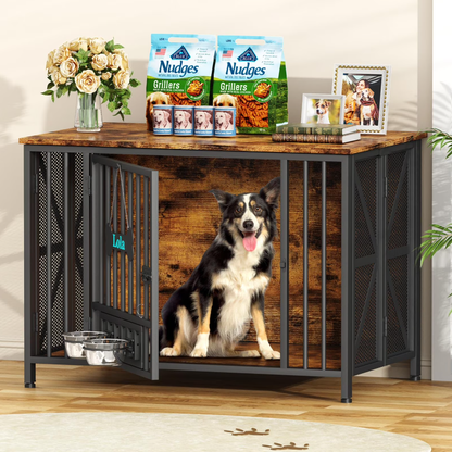 POAO Foldable Large Dog Crate Furniture, 41.3"Assembly-Free Dog Crates for Large Dogs, Wooden Dog Kennel Indoor with Tag & Dog Bowls, Rustic Brown