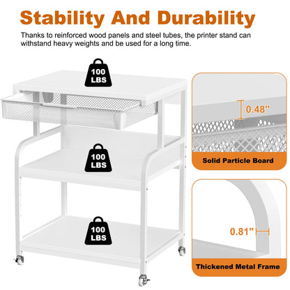 POAO Large 3-Tier Rolling Printer Stand with Storage Drawer,5 Adjustable Shelves Mobile Cart with Industrial Wheels for Home Office Desk,White