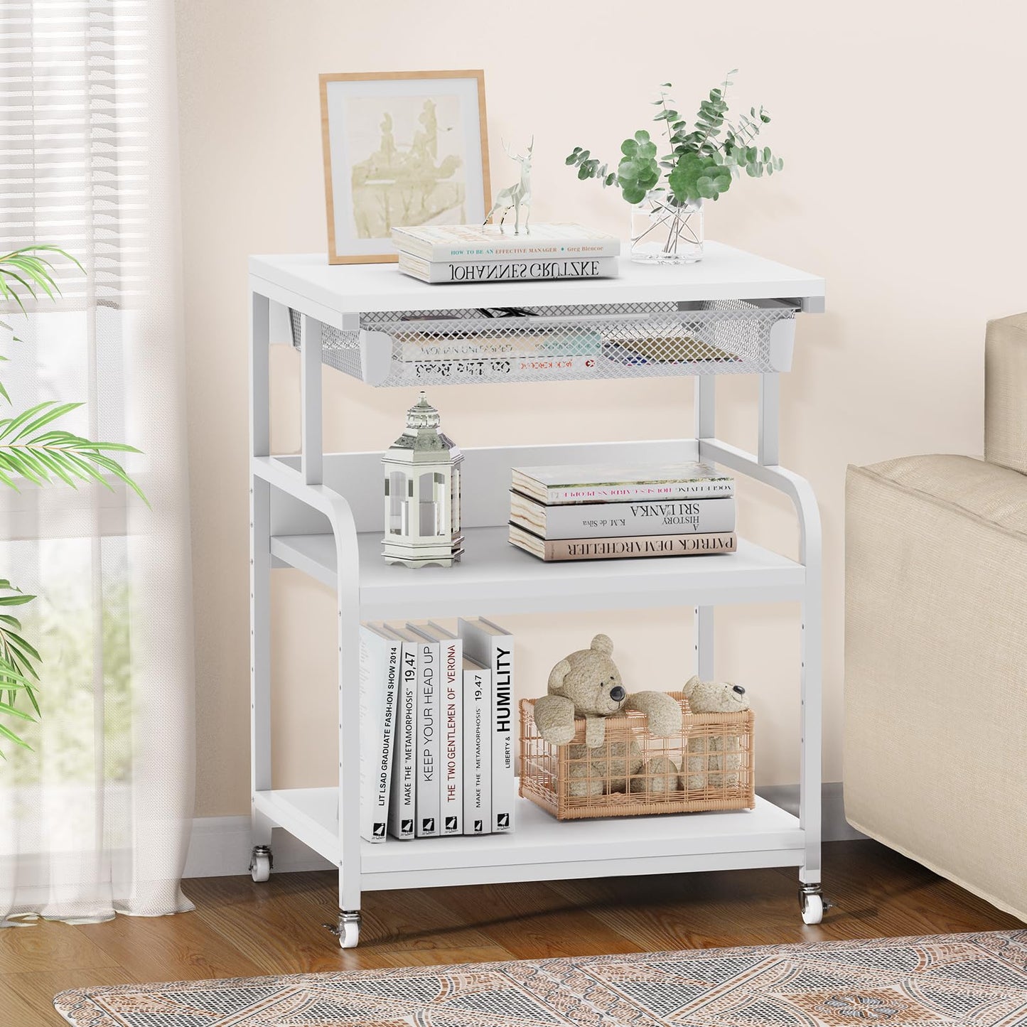 EasyCom Printer Stand with Storage 3-Tier Printer Table for Home Office and Living Room，23.6''x18.9''，White