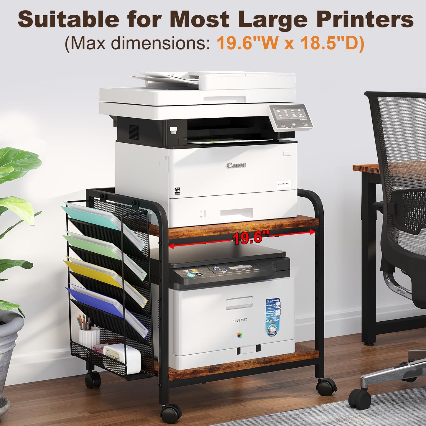 POAO Large Printer Stand with File Holder Organizer,Adjustable Height Shelf with Wheels,Rolling Printer Cart with Storage for Home Office,Rustic Brown