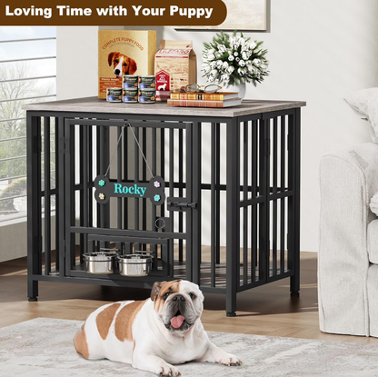 POAO 31"Dog Crate Furniture Foldable, No Assembly Dog Kennel Indoor for Medium Dogs(20-35 lb), Dog Cage with Adjustable Bowls &Name Tag, End Table