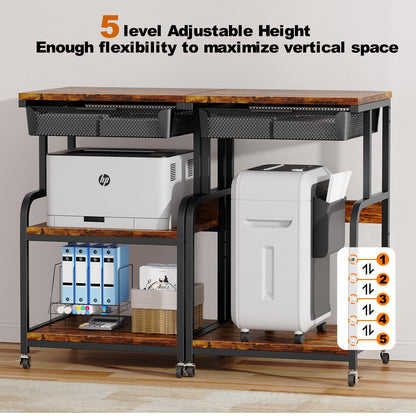 POAO Large Printer Stand with Storage Drawer,3-Tier Rolling Cart with Industrial Wheels for Desk,5 Adjustable Shelf Mobile Printer Table for Office