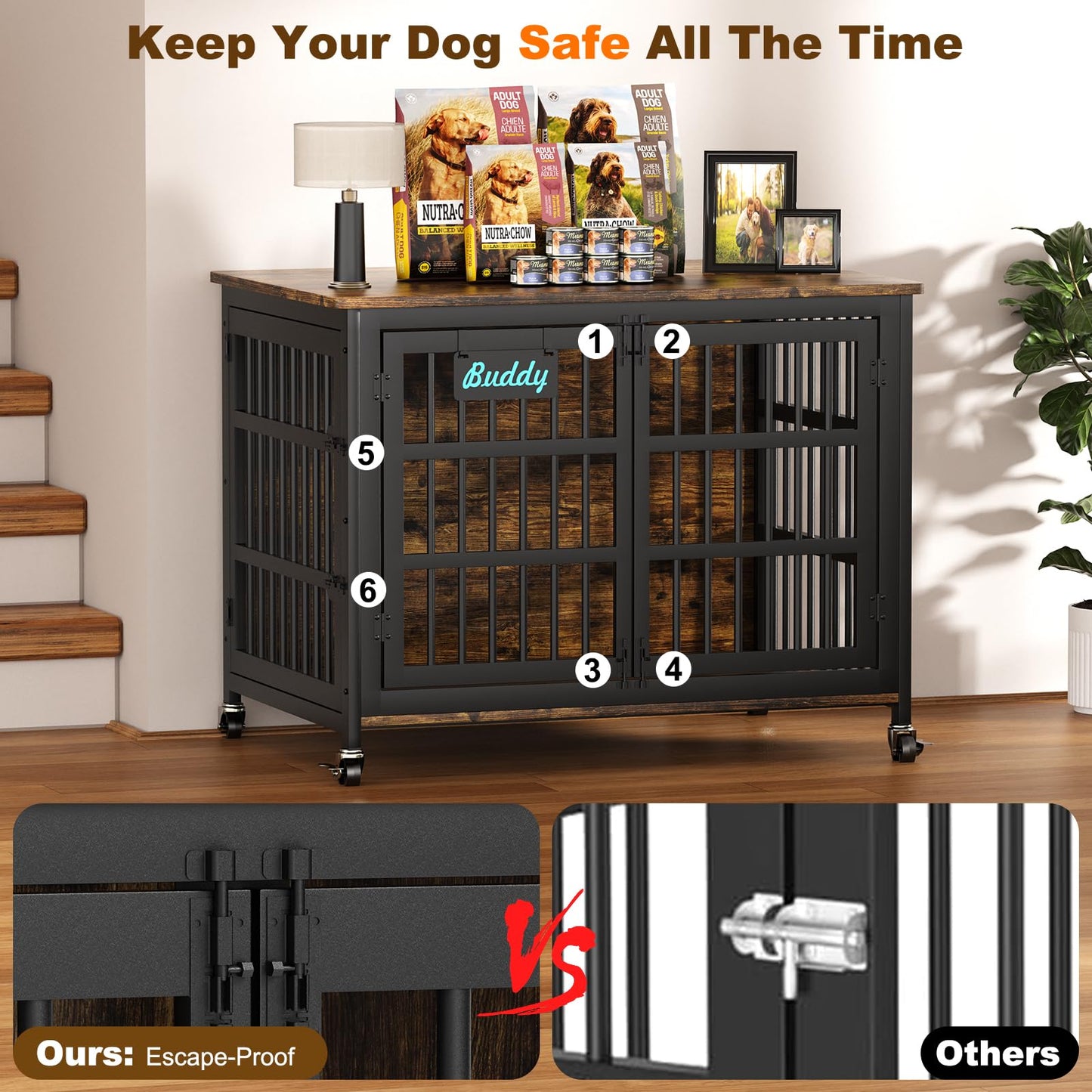 POAO 41"Heavy Duty Dog Crate Furniture with Name Tag,Chew Proof Prevent Escape for High Anxiety Dogs, Indoor Indestructible Dog Kennel ,Brown
