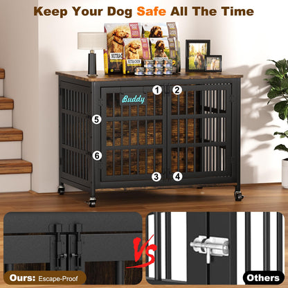 POAO 41"Heavy Duty Dog Crate Furniture with Name Tag,Chew Proof Prevent Escape for High Anxiety Dogs, Indoor Indestructible Dog Kennel ,Brown