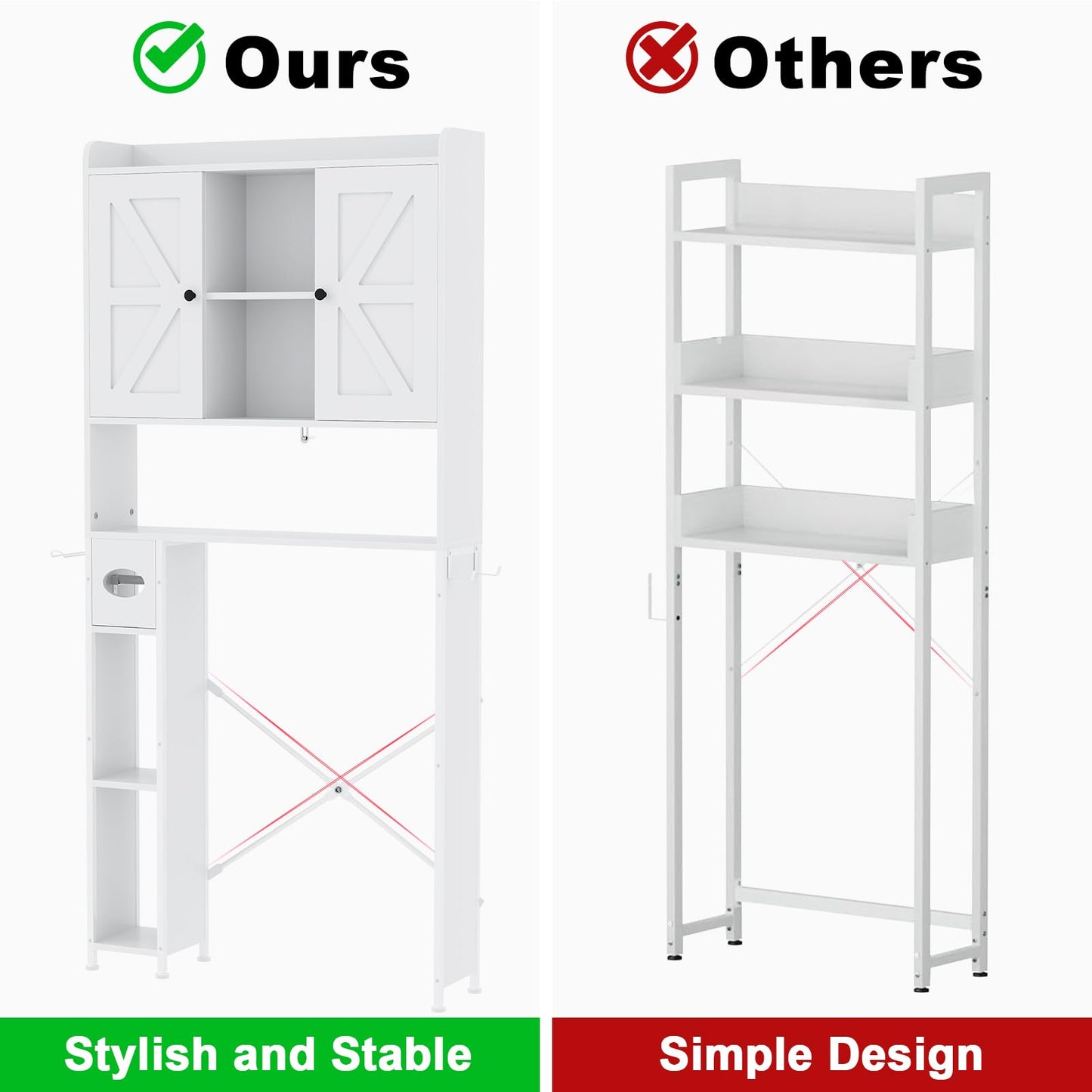 POAO 32"W Over the Toilet Storage Cabinet with Metal Frame and 7 Storage Shelves, Bathroom Organizer with Adjustable Shelves and Paper Holder, White