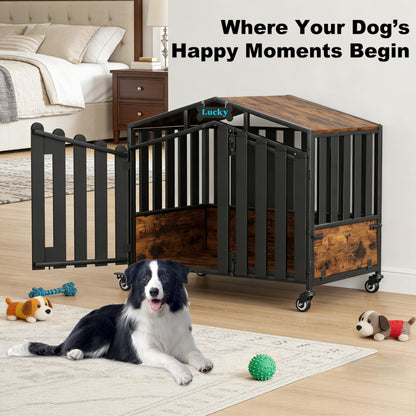 POAO 41"Heavy Duty Dog Crate Furniture for Medium Dogs(35-60lb), Dogs Kennel Indoor with 360° Wheels,Dog Cage with Feeding Window and Name Tag