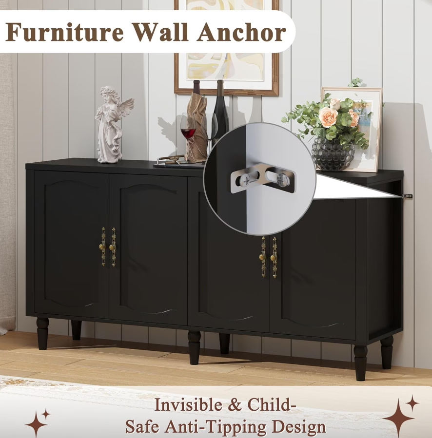 POAO 63" Sideboard Buffet Cabinet with Storage, Adjustable Shelf & 4 Doors Credenza,Mid Century Modern Sideboard for Dining Room Living Room Black