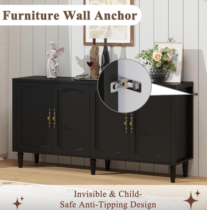 POAO 63" Sideboard Buffet Cabinet with Storage, Adjustable Shelf & 4 Doors Credenza,Mid Century Modern Sideboard for Dining Room Living Room Black