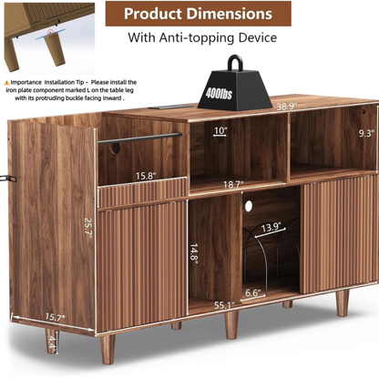 POAO 55" Record Player Stand with Power Outlets & LED Lights, Record Player Table Cabinet with Vinyl Record Storage for 500 Albums, Turntable Stand