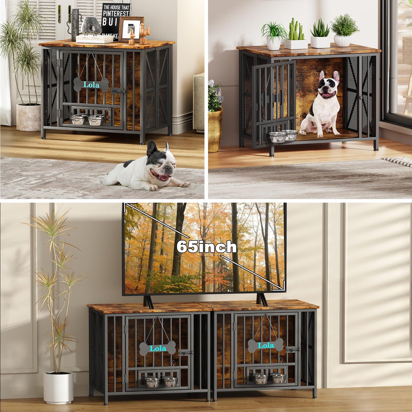POAO 31.5" Assembly-Free Dog Crate Furniture for Small Dog, Foldable Dog Kennel Indoor with Tag & Adjustable Bowls, Dog Cage Use as End Table, Brown