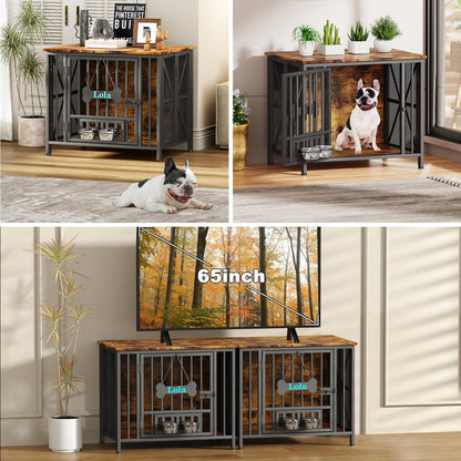 POAO 31.5" Assembly-Free Dog Crate Furniture for Small Dog, Foldable Dog Kennel Indoor with Tag & Adjustable Bowls, Dog Cage Use as End Table, Brown