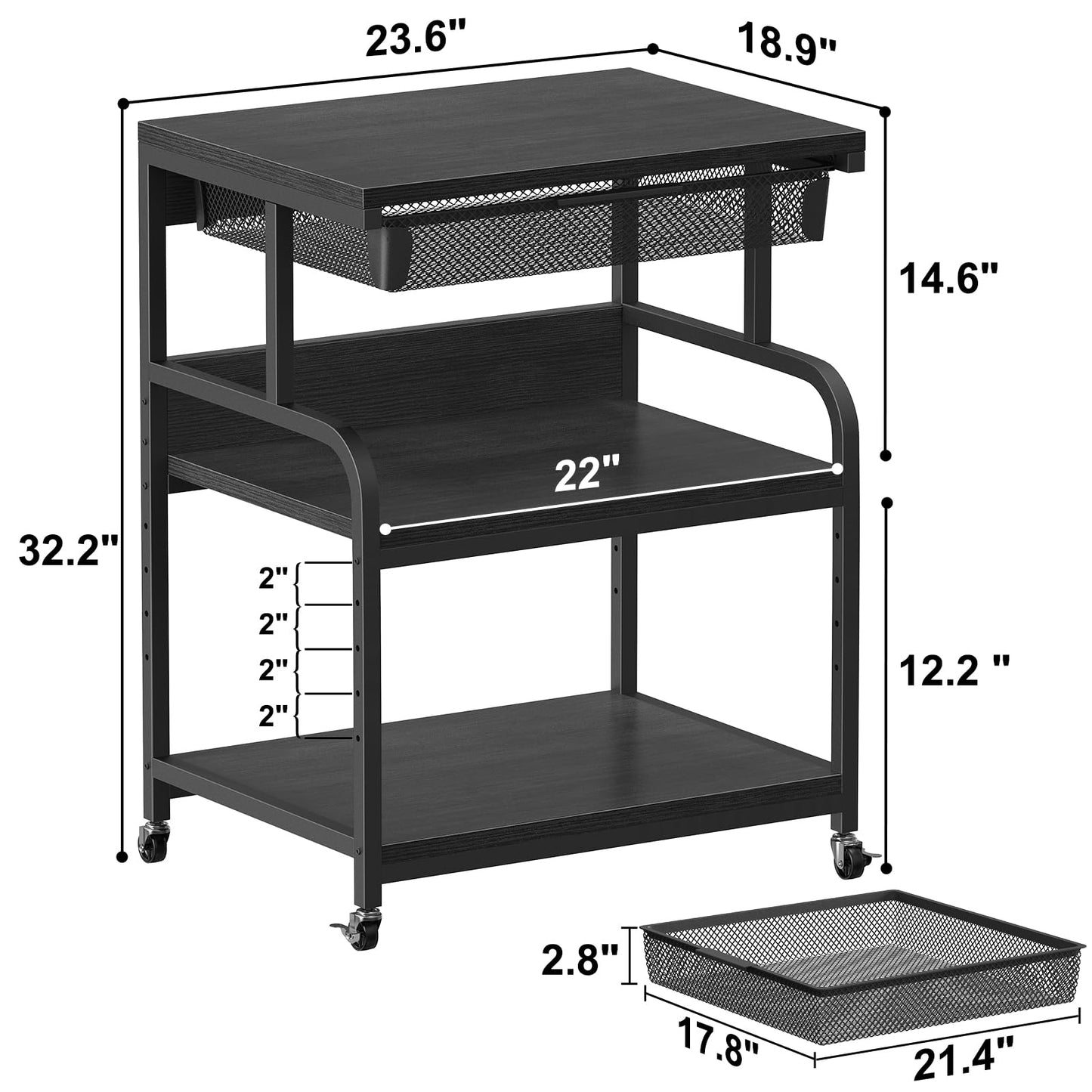 POAO Large Printer Stand with Drawer, 5-Adjustable Heights 3 Tier Table with Wheels, Rolling Printer Cart with Storage for Home Office