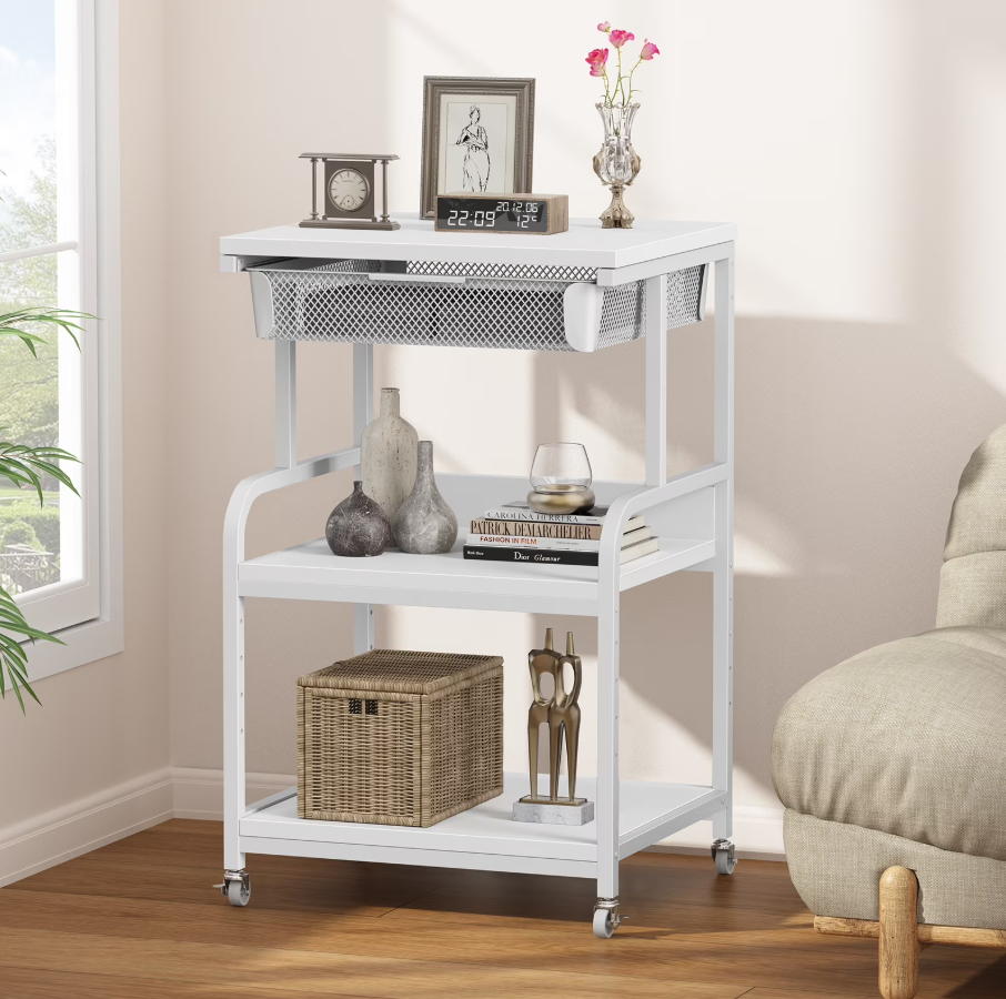 POAO Large 3-Tier Rolling Printer Stand with Storage Drawer,5 Adjustable Shelves Mobile Cart with Industrial Wheels for Home Office Desk,White