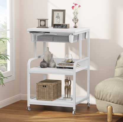 POAO Large 3-Tier Rolling Printer Stand with Storage Drawer,5 Adjustable Shelves Mobile Cart with Industrial Wheels for Home Office Desk,White