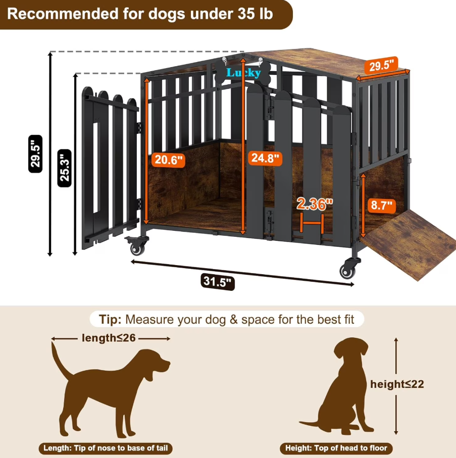 POAO 31"Heavy Duty Dog Crate Furniture with 360°Wheels,Dog Kennel Indoor for Small Dogs,Wooden Dog Cage with Feeding Window &Name Tag,Brown
