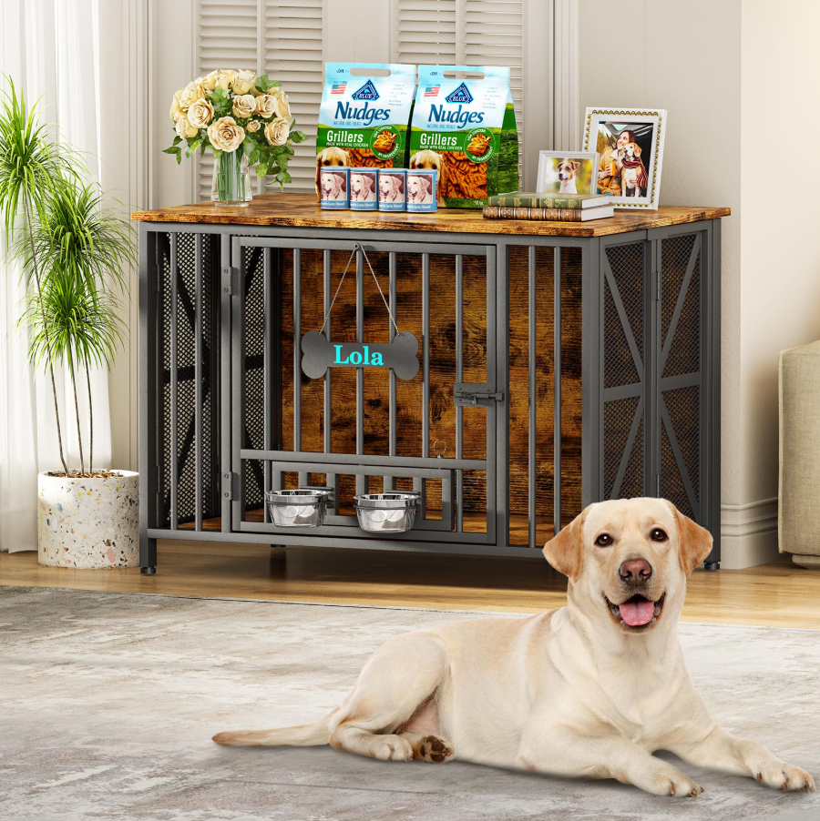 POAO Foldable Large Dog Crate Furniture, 41.3"Assembly-Free Dog Crates for Large Dogs, Wooden Dog Kennel Indoor with Tag & Dog Bowls, Rustic Brown