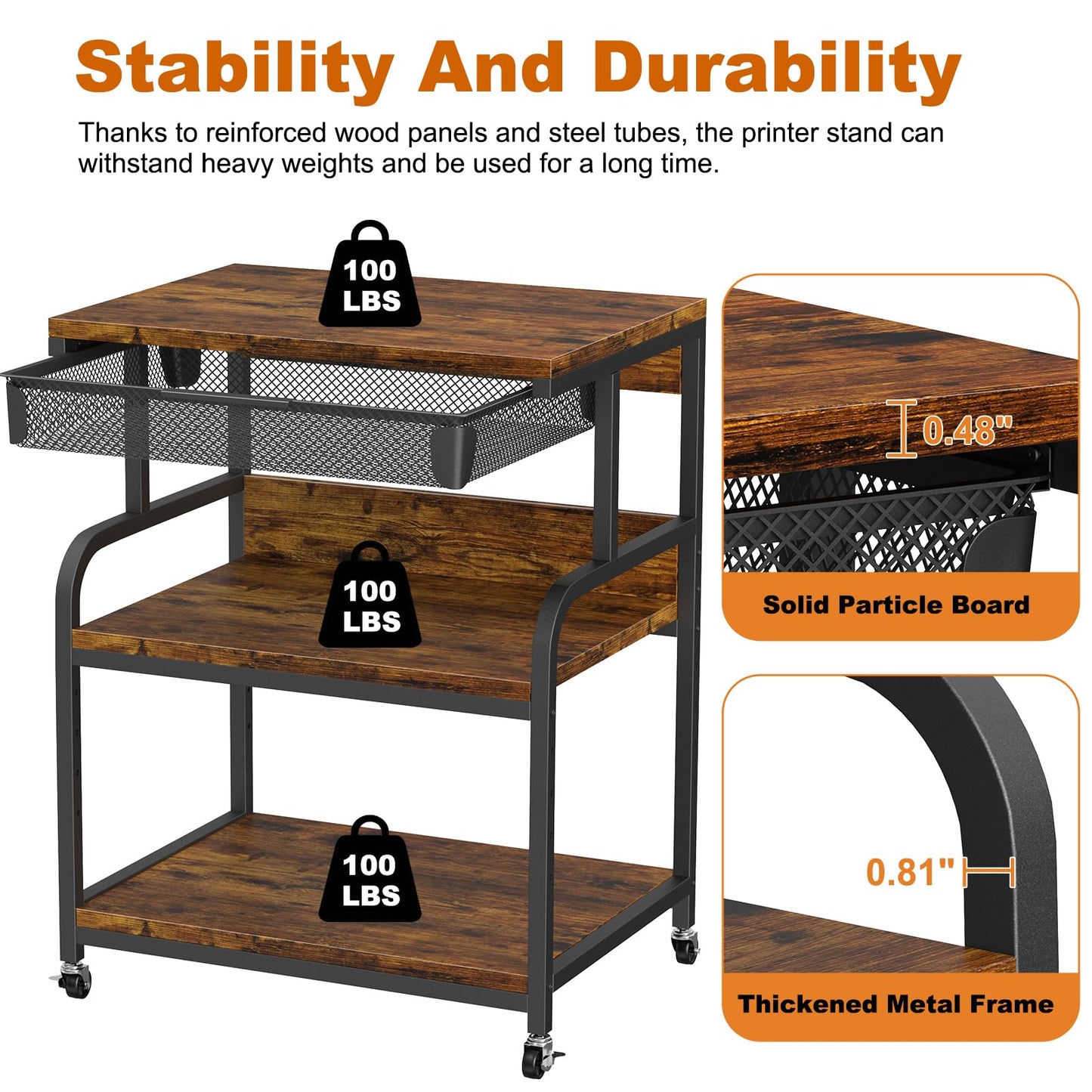 POAO Extra Large Printer Stand with Drawer, 5-Adjustable Heights 3 Tier Printer Table with Wheels, Rolling Printer Cart with Storage Shelf