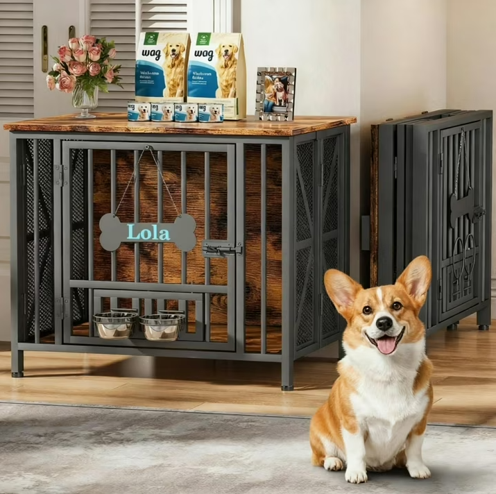POAO 31.5" Assembly-Free Dog Crate Furniture for Small Dog, Foldable Dog Kennel Indoor with Tag & Adjustable Bowls, Dog Cage Use as End Table, Brown