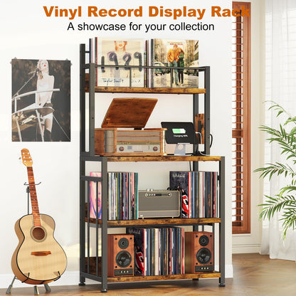 POAO Vinyl Record Stand Holds 300 Records,Record Player Stand with Vinyl Storage,Large Record Player Table with Power Outlet,Brown