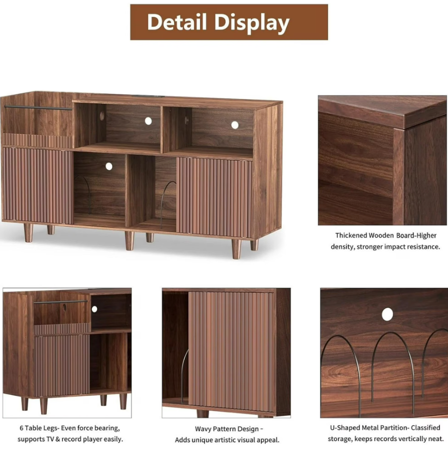 POAO 55" Record Player Stand with Power Outlets & LED Lights, Record Player Table Cabinet with Vinyl Record Storage for 500 Albums, Turntable Stand
