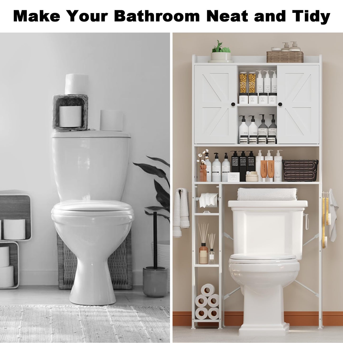 POAO 32"W Over the Toilet Storage Cabinet with Metal Frame and 7 Storage Shelves, Bathroom Organizer with Adjustable Shelves and Paper Holder, White