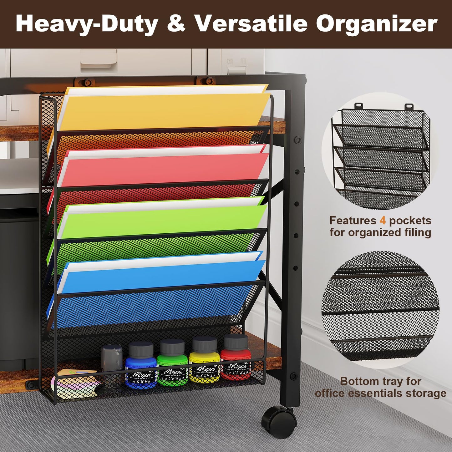 POAO Large Printer Stand with File Holder Organizer,Adjustable Height Shelf with Wheels,Rolling Printer Cart with Storage for Home Office,Rustic Brown