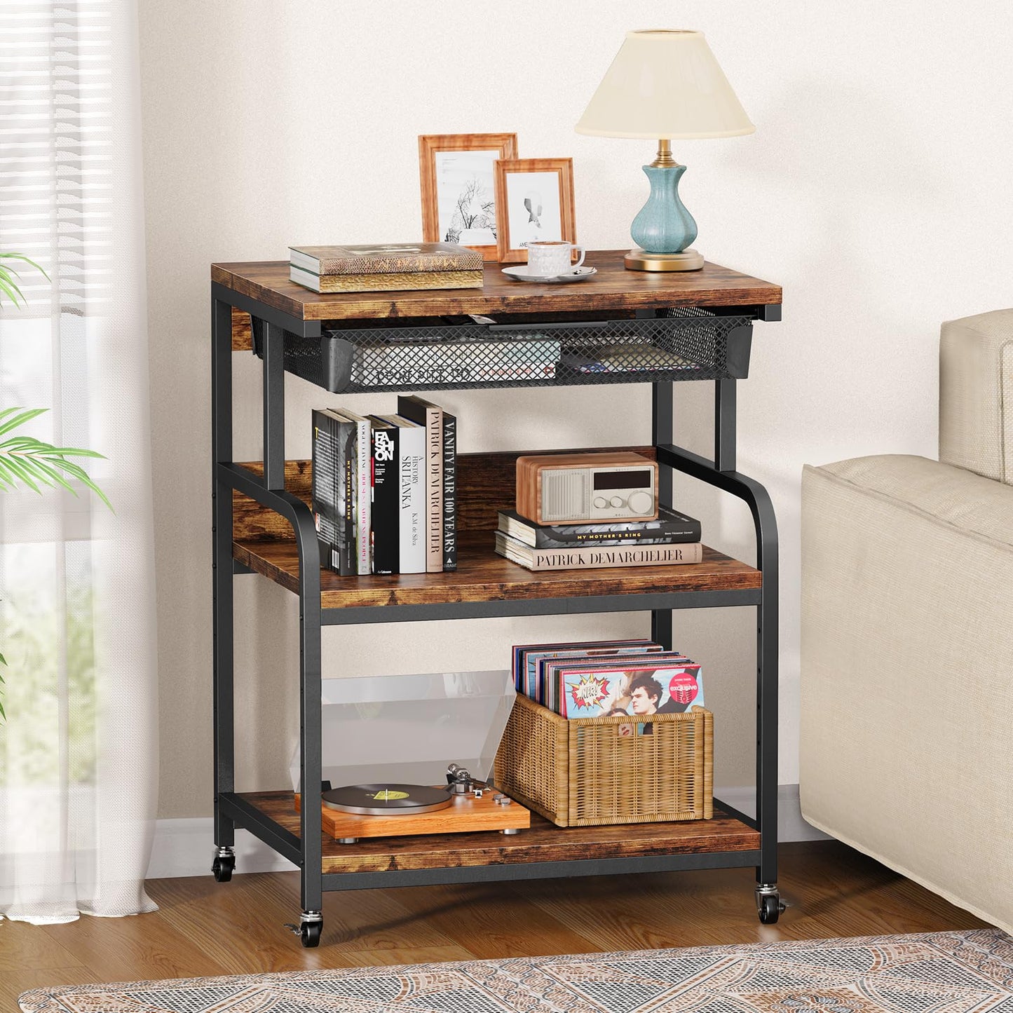 POAO Extra Large Printer Stand with Drawer, 5-Adjustable Heights 3 Tier Printer Table with Wheels, Rolling Printer Cart with Storage Shelf