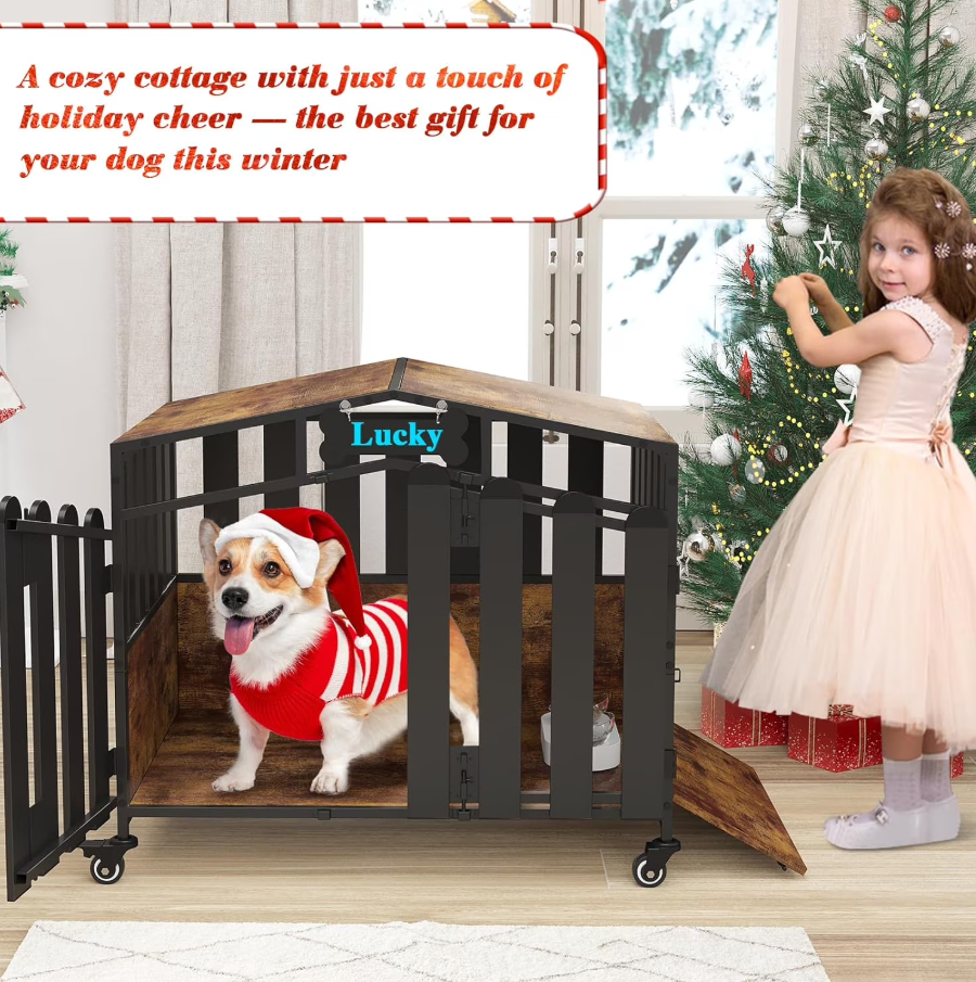 POAO 31"Heavy Duty Dog Crate Furniture with 360°Wheels,Dog Kennel Indoor for Small Dogs,Wooden Dog Cage with Feeding Window &Name Tag,Brown