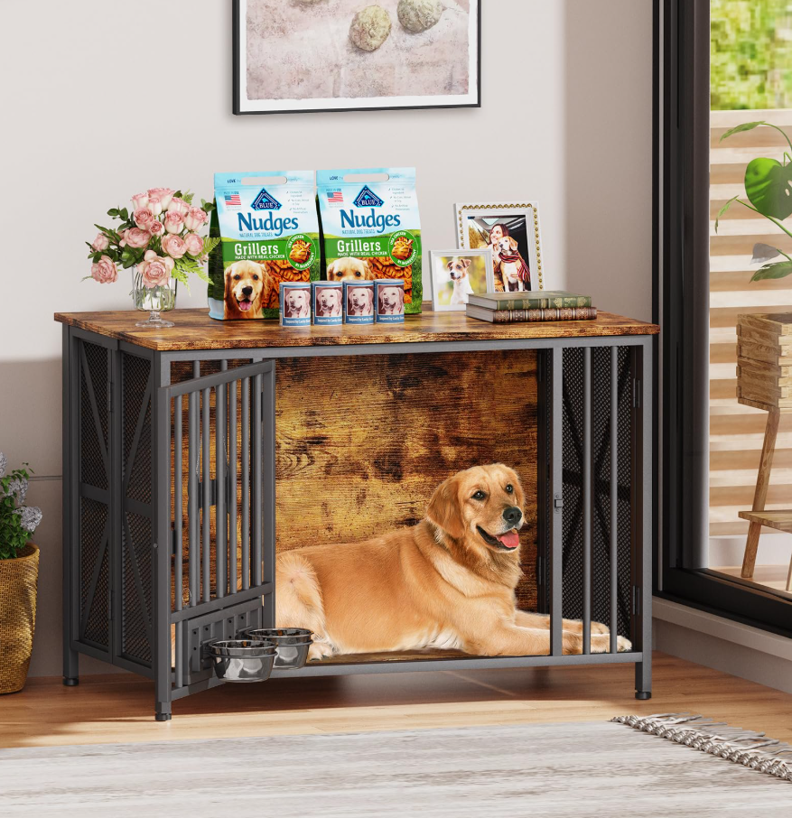 POAO Foldable Large Dog Crate Furniture, 41.3"Assembly-Free Dog Crates for Large Dogs, Wooden Dog Kennel Indoor with Tag & Dog Bowls, Rustic Brown