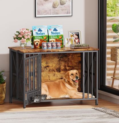 POAO Foldable Large Dog Crate Furniture, 41.3"Assembly-Free Dog Crates for Large Dogs, Wooden Dog Kennel Indoor with Tag & Dog Bowls, Rustic Brown