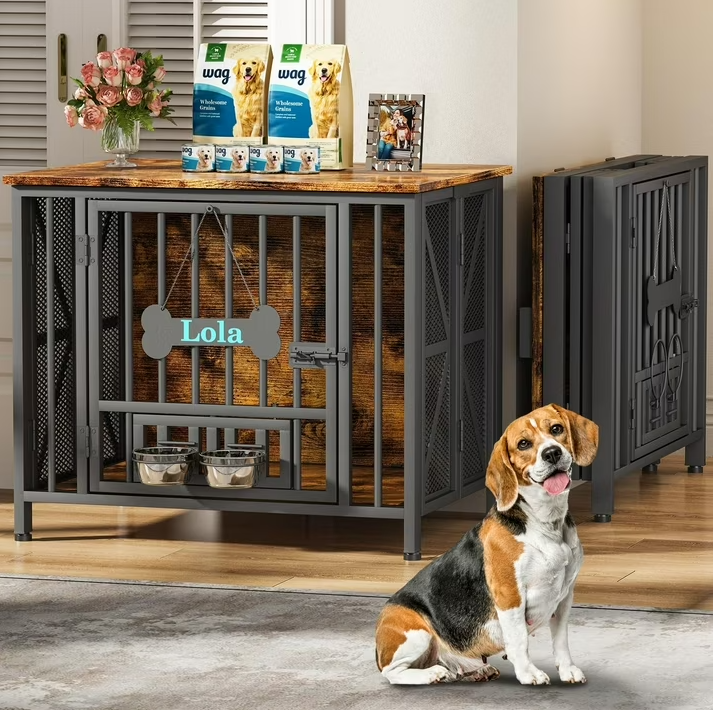 POAO 31.5" Assembly-Free Dog Crate Furniture for Small Dog, Foldable Dog Kennel Indoor with Tag & Adjustable Bowls, Dog Cage Use as End Table, Brown