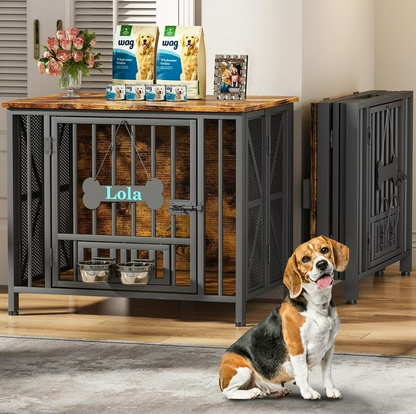 POAO 31.5" Assembly-Free Dog Crate Furniture for Small Dog, Foldable Dog Kennel Indoor with Tag & Adjustable Bowls, Dog Cage Use as End Table, Brown