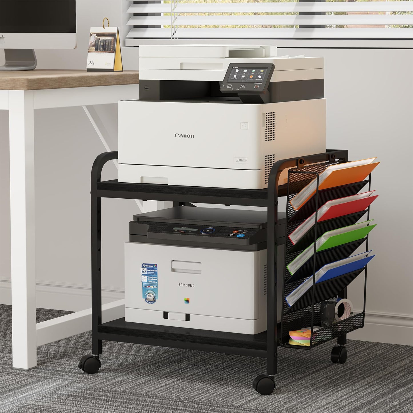 POAO Large Printer Stand with Hanging File Holder Organizer,Adjustable Height Shelf with Wheels,Under Desk Table with Storage for Home Office,Brown