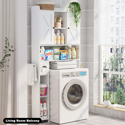 POAO 32"W Over the Toilet Storage Cabinet with Metal Frame and 7 Storage Shelves, Bathroom Organizer with Adjustable Shelves and Paper Holder, White