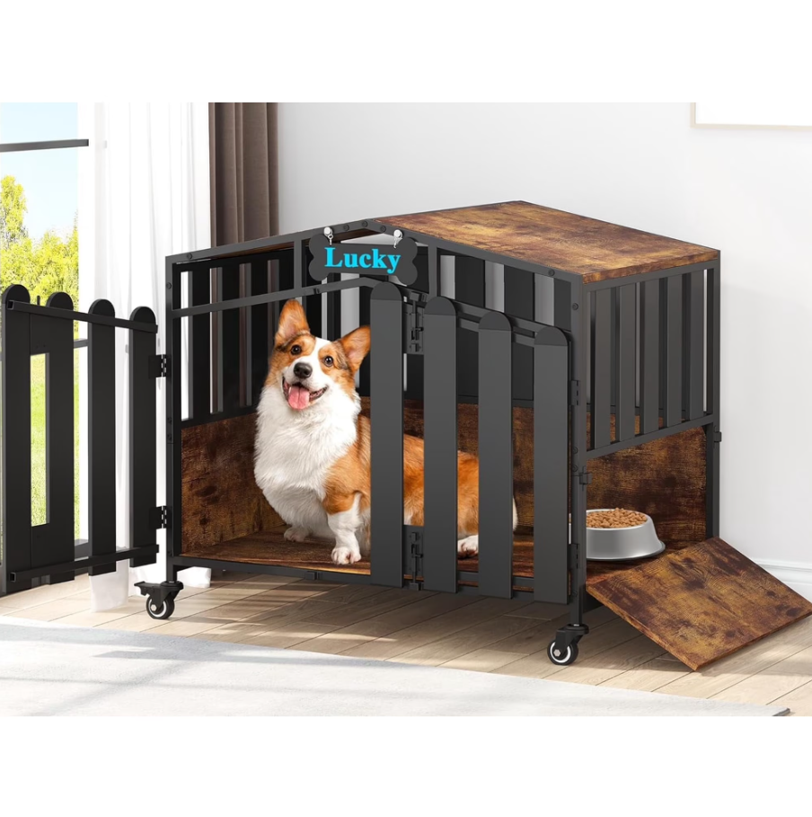 POAO 31"Heavy Duty Dog Crate Furniture with 360°Wheels,Dog Kennel Indoor for Small Dogs,Wooden Dog Cage with Feeding Window &Name Tag,Brown