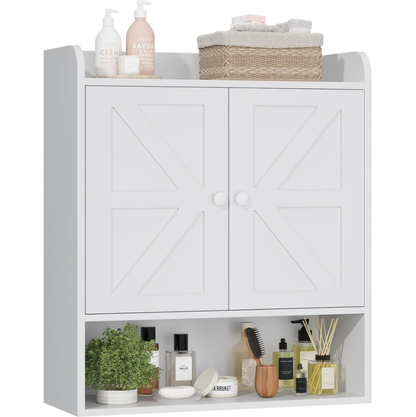 POAO Bathroom Wall Storage Cabinet, Wooden Medicine Cabinet with Adjustable Shelves and Double Barn Doors, Over The Toilet Storage Cabinet,White