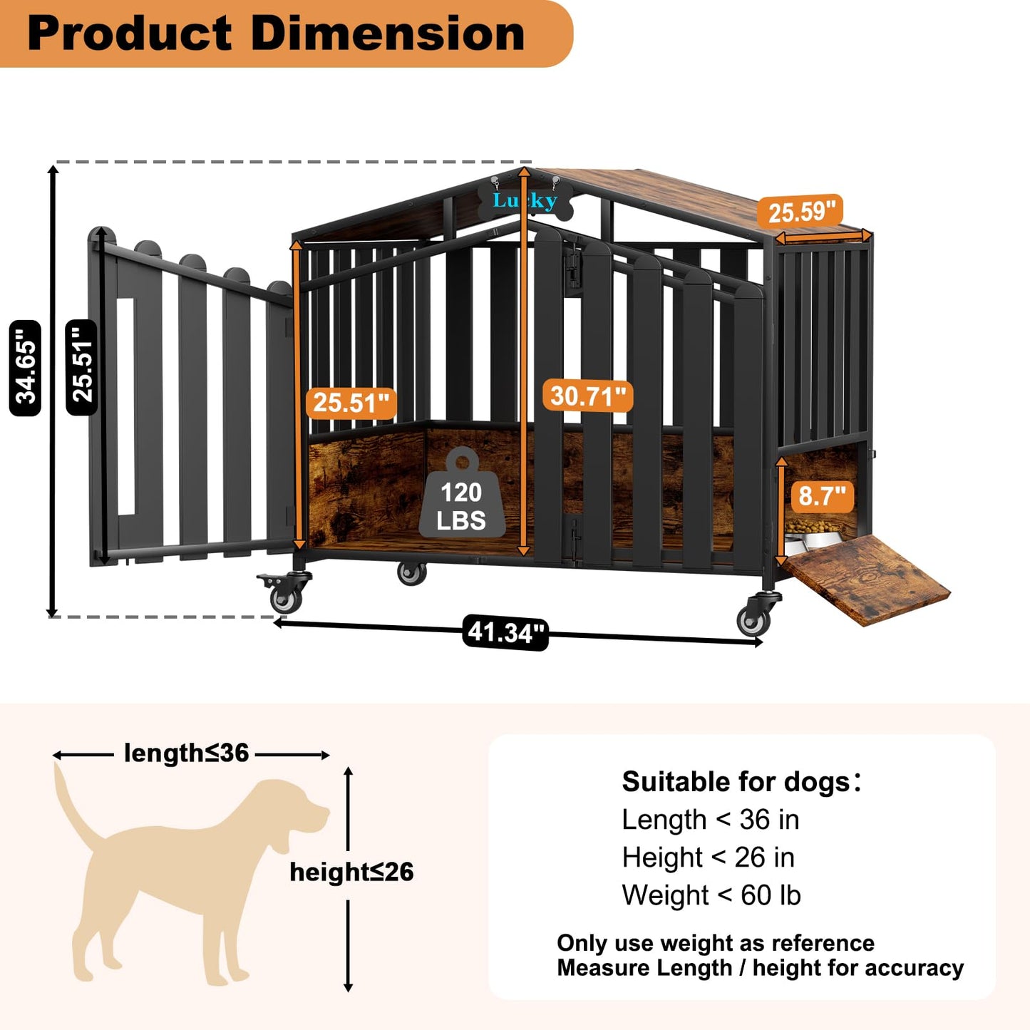 POAO 41"Heavy Duty Dog Crate Furniture for Medium Dogs(35-60lb), Dogs Kennel Indoor with 360° Wheels,Dog Cage with Feeding Window and Name Tag