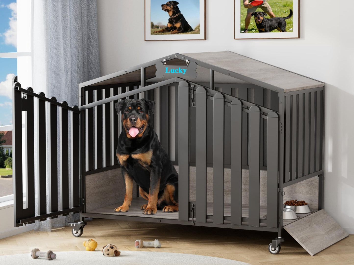POAO 48"Heavy Duty Dog Crate Furniture for Large Dogs(Over 60lb), Dog Kennel Indoor with 360° Wheels, Dog House with Feeding Window and Name Tag