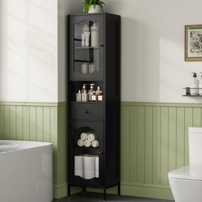 POAO 66.4" Tall Bathroom Storage Cabinet with Adjustable Shelves and Glass Doors, Anti-Tipping Narrow Cabinet, Linen Cabinet for Bathroom, Kitchen, Living Room, Cloud White